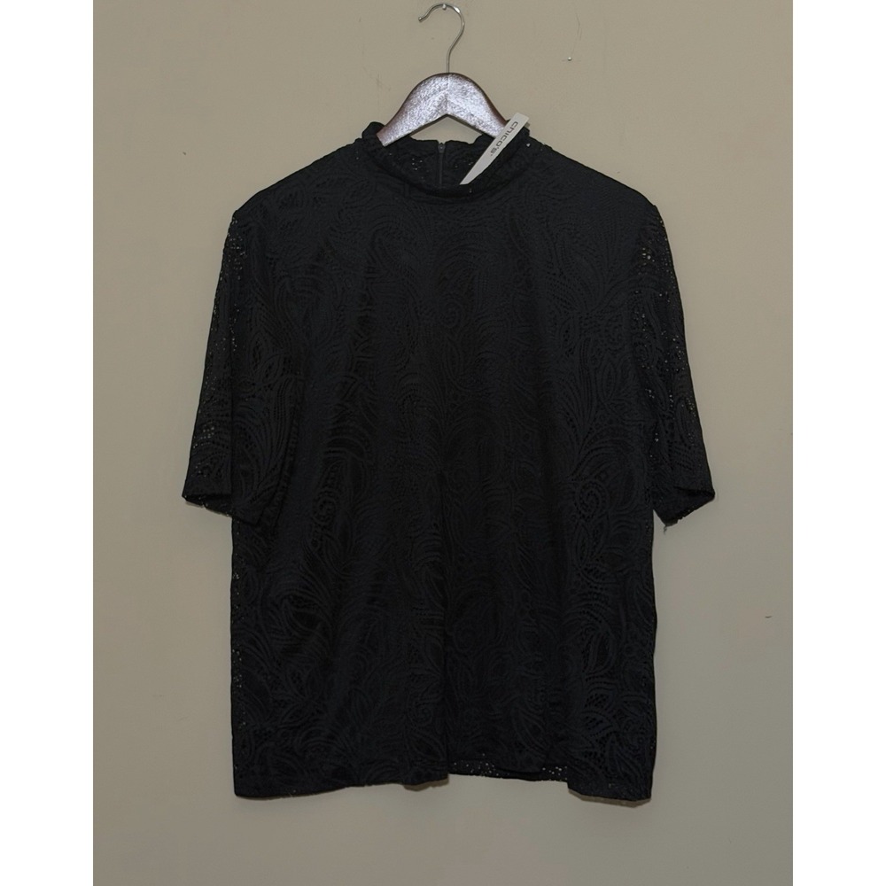 NWT Chico's Woman's Black Lace Sleeve Mock Neck Blouse Size XL